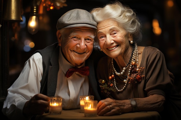 Portrait of couple of elderly with candles celebrate holiday They look into the camera and smile