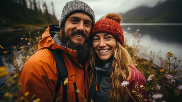 Portrait of a couple of hikers in the autumn mountains couple of tourists in a mountain landscape in the backgroundgenerative ai