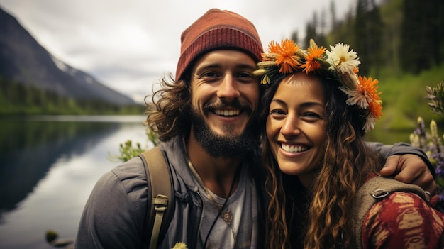 Portrait of a couple of hikers in the autumn mountains couple of tourists in a mountain landscape in the backgroundgenerative ai