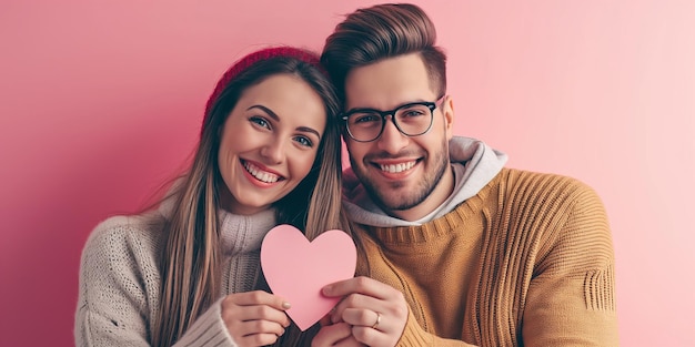 Foto ritratto di una coppia che tiene un cuore di carta e una coppia felice e sorridente innamorata che festeggia