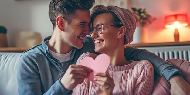 Foto ritratto di una coppia che tiene un cuore di carta e una coppia felice e sorridente innamorata che festeggia