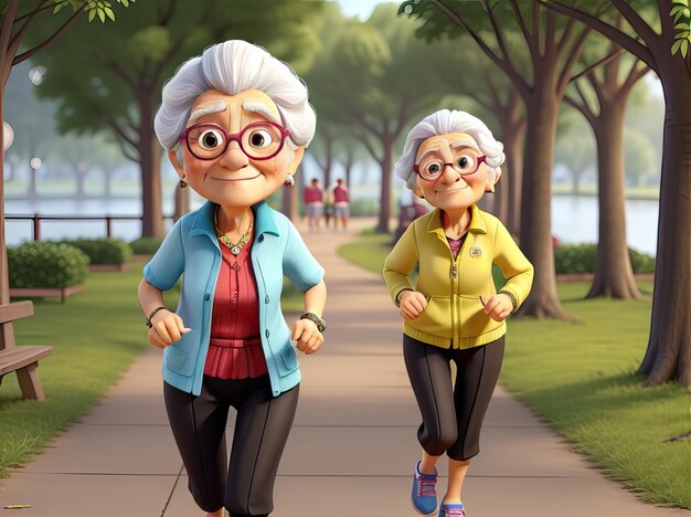 Photo portrait of a couple of mature women running in a park a natural environment