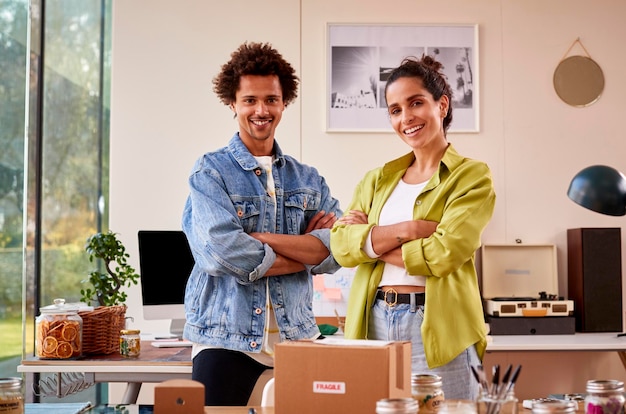 Portrait of couple running online business from home packing\
boutique candles ready for shipping