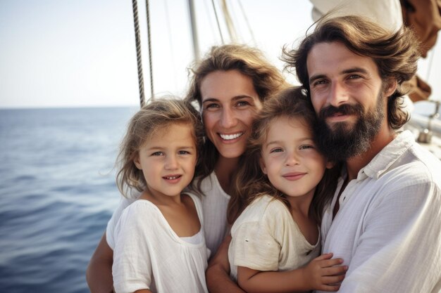 Portrait of a couple and their children enjoying the day at sea created with generative ai