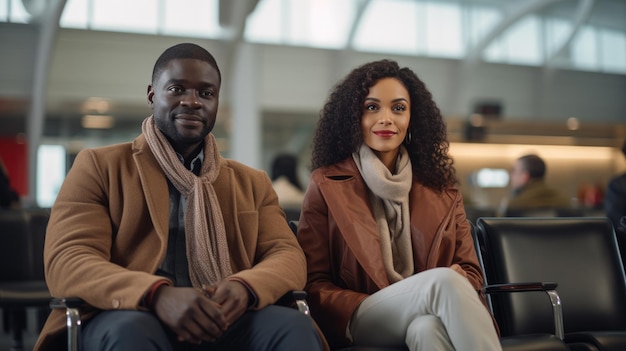 Portrait of a couple waiting to board an airplane in the airport waiting area