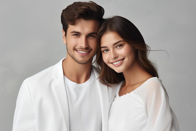 Portrait of couple in white coats posing with smile