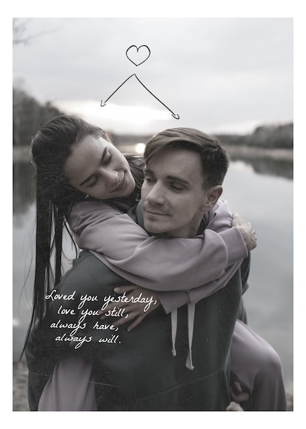 Photo portrait of couple with handwritten text over it