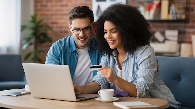 Portrait of couple with laptop and credit card in living room