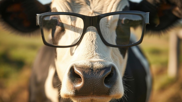 Portrait of Cow close up with glasses Generative Ai