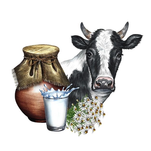 Портрет коровы и молочных продуктов из керамики и стекла Акварель ручной иллюстрации