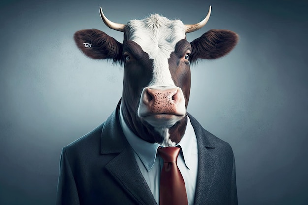 비싼 비즈니스 정장을 입은 소의 초상화 생성 인공 지능