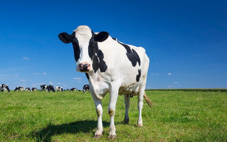 Portrait of cow on green grass with blue sky