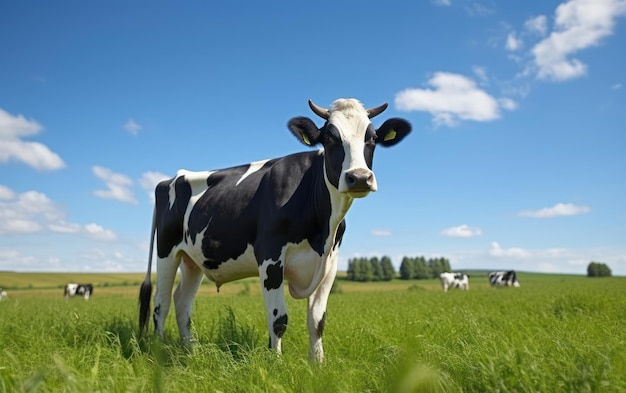 Portrait of cow on green grass with blue sky