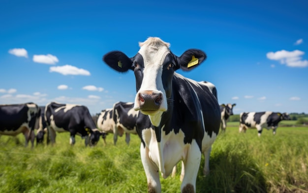 Portrait of cow on green grass with blue sky