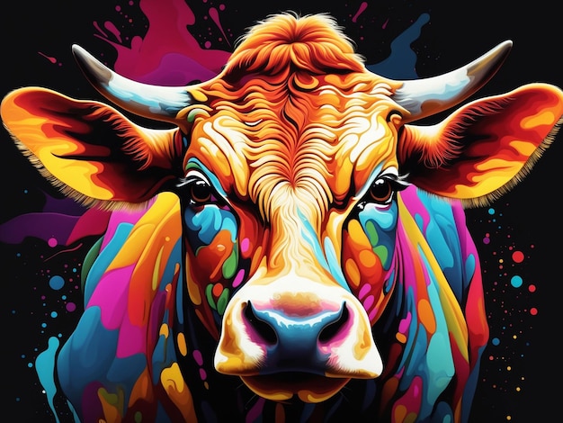 Portrait of cow in pop art style flying colors expression generative ai