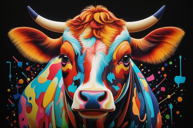 Портрет коровы в стиле поп-арта с летающими цветами