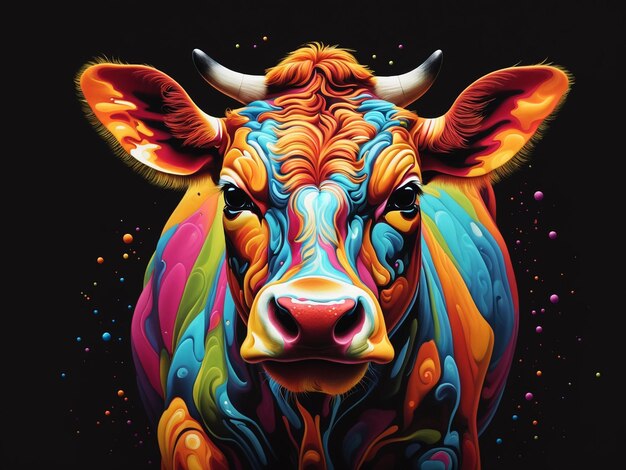 Portrait of cow in pop art style flying colors expression generative ai