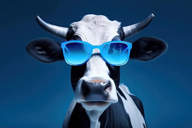 Portrait Of A Cow Wearing Sunglasses On A Blue Background