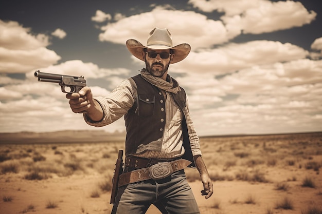 Portrait of cowboy wearing a hat shooting in desert with a gun in his hand Generative AI