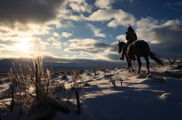 Portrait of cowboys on horses at snow