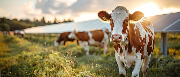 Portrait of cows grazing with evening sun with solar panels in backdrop a concept of using solar panels in farming sector with space Generative AI