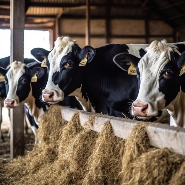 Portrait cows stand in stall eating