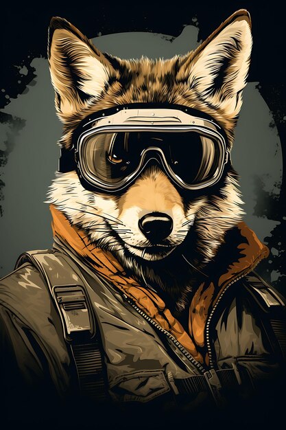 Портрет койота в авиационной шапке с крутым пилотом в позе винтажного плаката 2D Flat Design Art