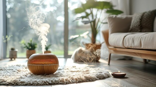 Photo a portrait of cozy and modern living room with a humidifier and a big glass window with morning sunshine coming from it with space generative ai