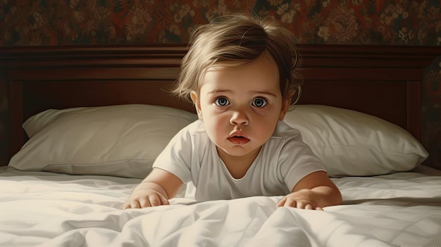 Portrait of a crawling baby on the bed in her room