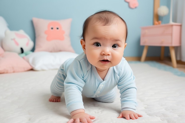 Portrait of a crawling baby on the bed in her room