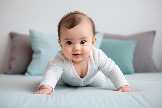 Portrait of a crawling baby on the bed in her room