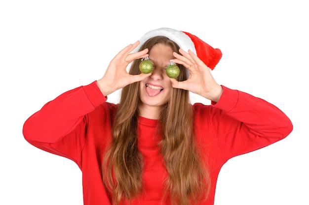 Portrait of crazy cool cheerful positive optimistic pretty woman in casual red sweater and santa hat