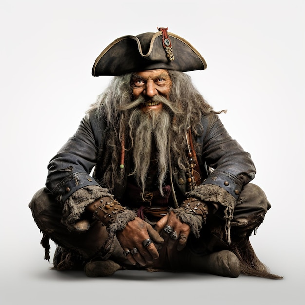 Portrait of a crazy happy smiling old grey hair and beard pirate sitting isolated on white