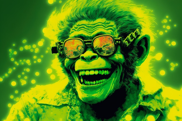 Portrait of a crazy monkey in sunglasses on a glowing toxic background