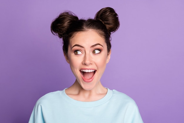 Photo portrait of crazy positive cheerful girl millennial look incredible novelty impressed shout wear sporty style clothes isolated over purple color background