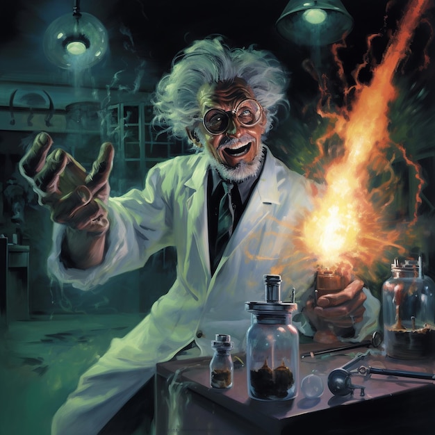 研究室でボトルを持った狂った科学者の肖像画