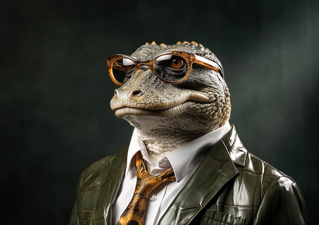 Portrait of crocodile with sunglasses wearing leather jacket and tie on solid background