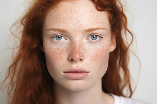 Photo portrait of cropped calm caucasian young woman face with freckles