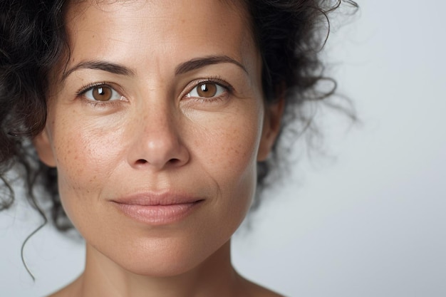 Portrait of cropped calm hispanic middle aged woman face with freckles