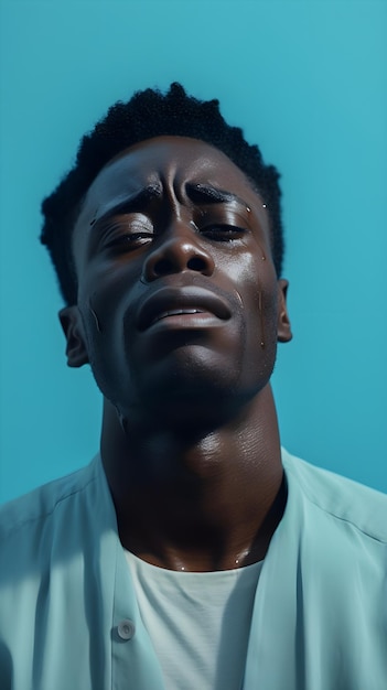 Portrait of crying black male against light blue pastel background with space for text AI generated