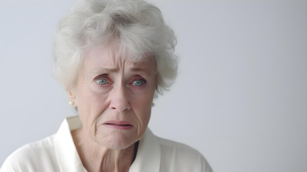 Portrait of crying elderly white female against white background with space for text AI generated