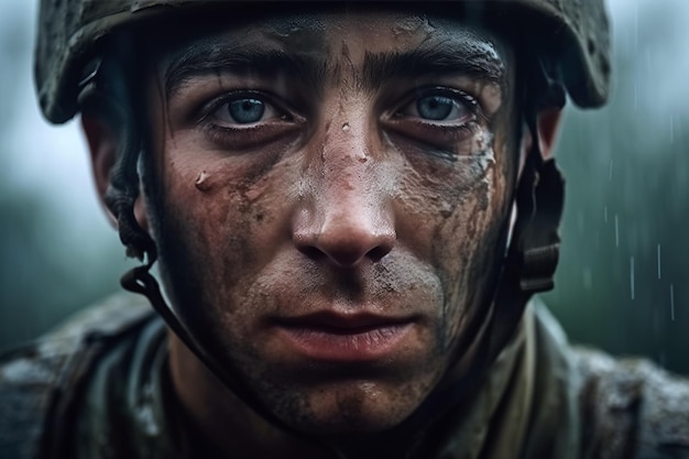 Portrait of a crying male soldier on battlefield in war Generative AI