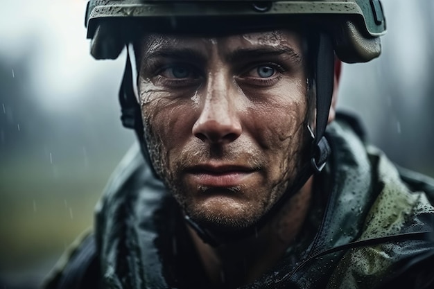 Portrait of a crying male soldier on battlefield in war Generative AI