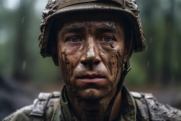 Portrait of crying male soldier in tears on battlefield in war Generative AI