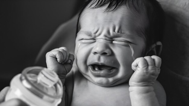 Photo portrait of crying newborn baby emotions of discontent colic bottle feeding