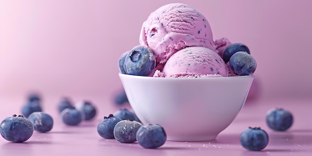 Photo portrait of a cup of blueberry ice cream scoops on a clean soft pink backdrop with a big space and blue berries kept around of it generative ai