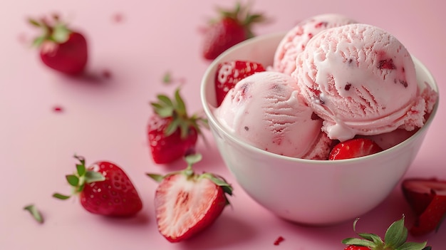 Portrait of a cup of strawberry ice cream scoops on a clean soft pink backdrop with a big space and strawberries kept around of it Generative AI