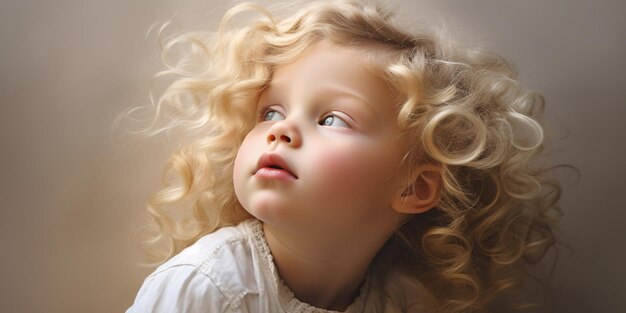 부드러운 빛 속 에 위 를 쳐다보는 곱슬 머리 를 가진 호기심 많은 금발 어린 아이 의 초상화