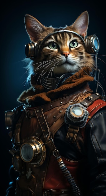 Портрет любопытного кота Тойгера, пирата, изобретателя, костюма, очков, инструмента B, коллекции произведений искусства животных