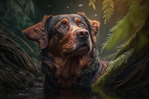 Portrait of a curious dog exploring the lush forest